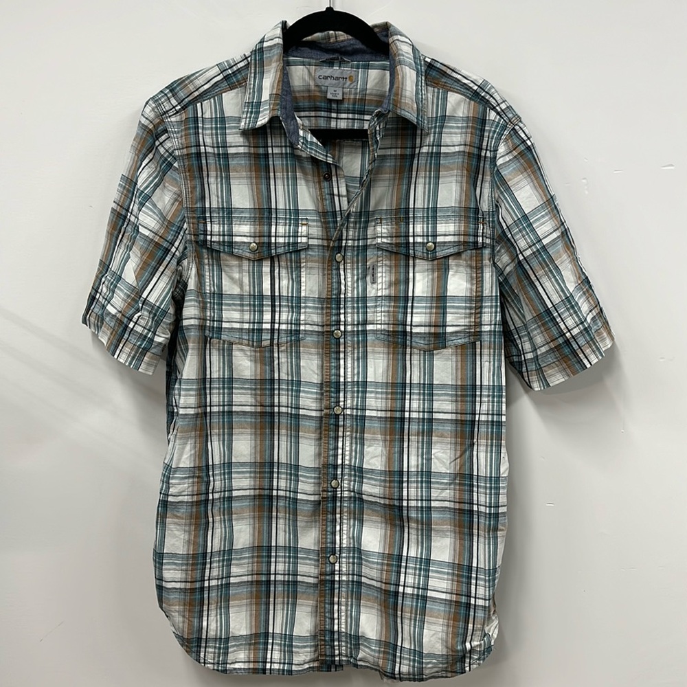 Carhartt relaxed fit short sleeve plaid pearl snap shirt blue white M